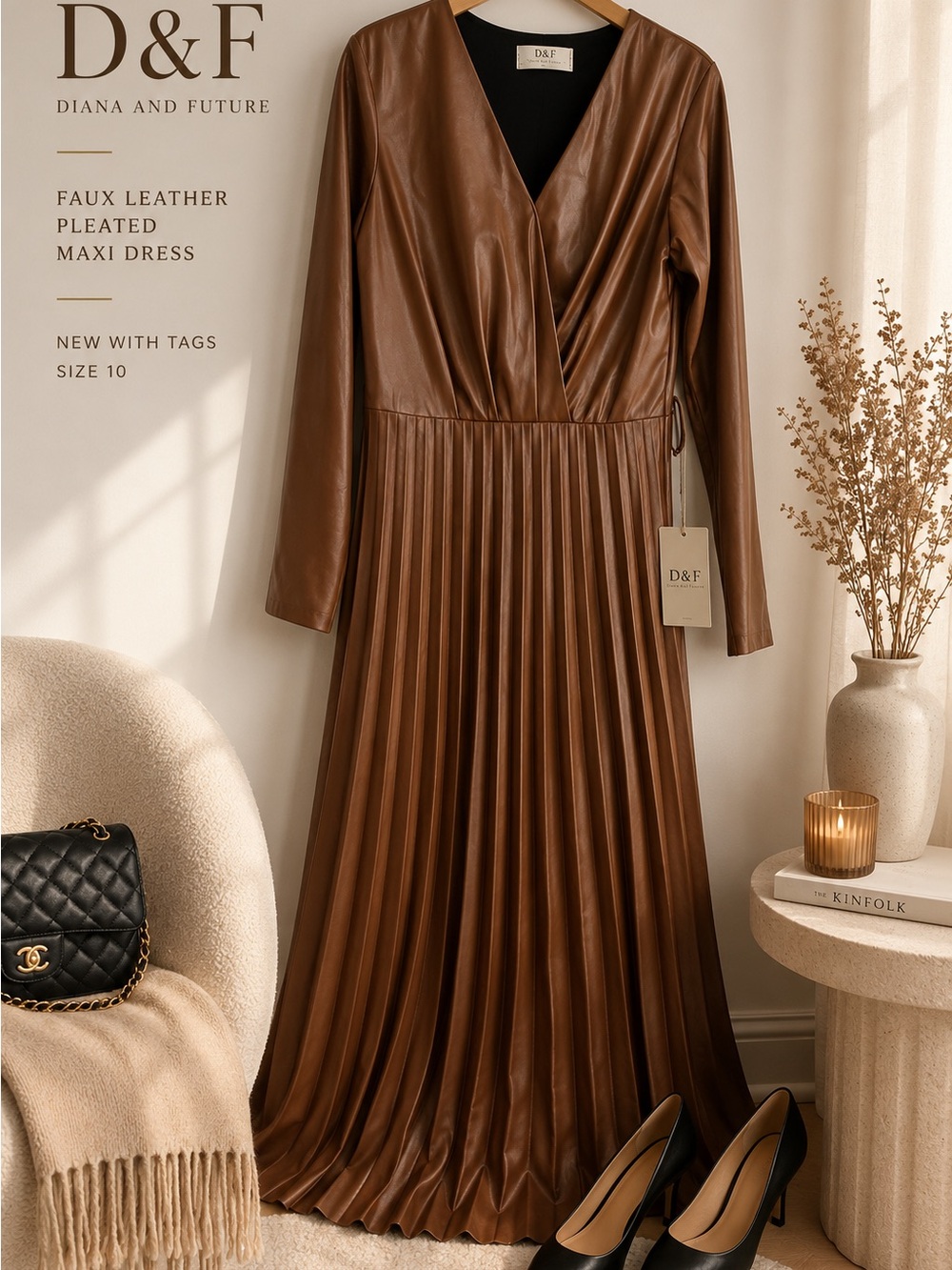 NWT D&F Faux Leather Pleated Maxi Dress Brown Long Sleeve Wrap Dress
